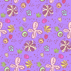 Cute bright violet doodle floral seamless pattern. Lovely naive texture with pink, yellow and blue flowers, lines and blots for textile, wrapping paper, banner, cover, surface, wallpaper, background
