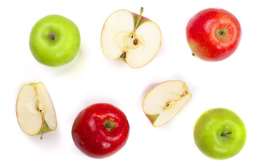 red and green apples with slices isolated on white background top view. Flat lay pattern
