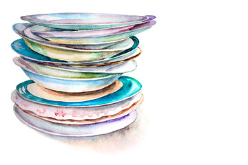 High stack of plates, isolated on white