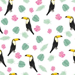 Seamless pattern with hand drawn toucan on white background