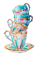 Party colorful tea cups and saucers closeup. Sketch handmade. Postcard for Valentine's Day. Watercolor illustration.
