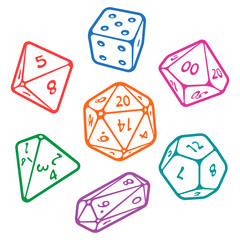 Vector icon set of dice for fantasy dnd and rpg tabletop games. Board game polyhedral dices with different sides: d4, d6, d8, d10, d12, d20 isolated on white background
