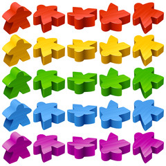 Fototapeta na wymiar Vector set of standard wooden meeples for board games. Multicolor game pieces isolated on white background. Boardgames symbol for community icons or geek print