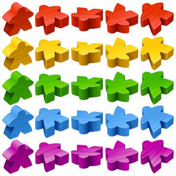 Vector set of standard wooden meeples for board games. Multicolor game pieces isolated on white background. Boardgames symbol for community icons or geek print