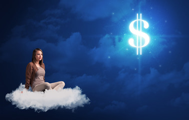 Woman sitting on cloud with cash sign