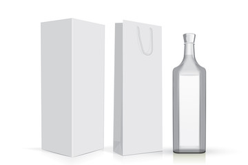 transparent glass bottle with box and bag on a white background mock up 