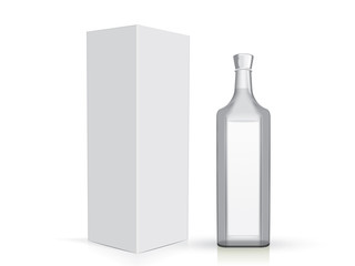 transparent glass bottle with box  on a white background mock up  template