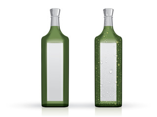 transparent glass bottle with drops on a white background mock up