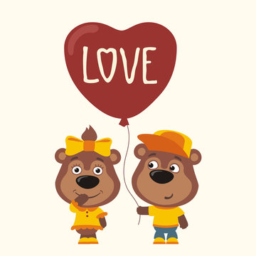 Love. Two funny bears, boy and girl, with balloon-heart. Greeting card for Valentine's day.