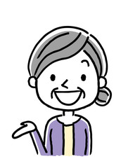 シニア女性：手、案内、説明、紹介
