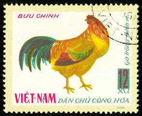 Ukraine - circa 2018: A postage stamp printed in Vietnam shows drawing Hen Bantam Chicken - Gallus...