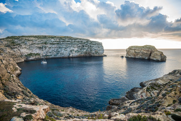 Panoramic view of Dwejra bay with Fungus Rock, Gozo, Malta