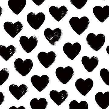 Seamless black and white pattern with watercolor hearts / Vector illustration