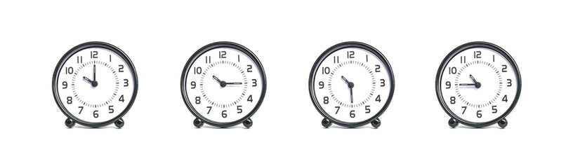 Closeup group of black and white clock show the time in 10 , 10:15 , 10:30 , 10:45 a.m. isolated on white background