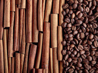 Cinnamon sticks and coffee beans .