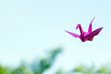 Fototapeta na wymiar purple origami crane paper bird on green grass
