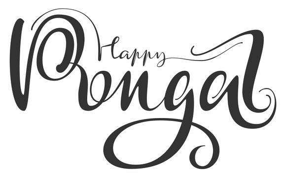 Happy Pongal calligraphy handwritten text for greeting card. Harvest festival in India