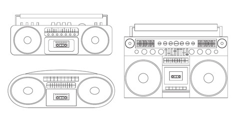 Set of linear illustrations of audio tape recorders and boom box. Vector black and white element for your creativity © veleri_kz