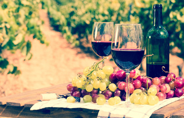 glass of  wine and ripe grapes on table in vineyard