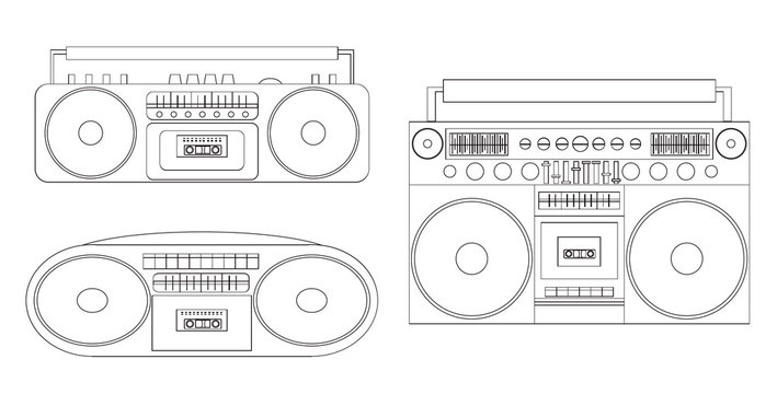 Set of linear illustrations of audio tape recorders and boom box. Vector black and white element for your creativity