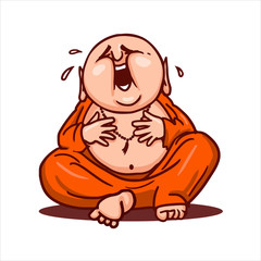 Cartoon illustration. Street art work or sticker with funny character. Fat Buddha sits in a lotus position, laughs loudly and clings to the belly.