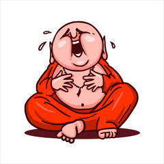Cartoon vector illustration. Street art work or sticker with funny character. Funny Buddha sits in a lotus position, laughs loudly and clings to the belly.