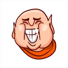 Cartoon illustration. Street art work or sticker with funny character. Joyful Buddha face with a big open grinning mouth, showing teeth and smiles.