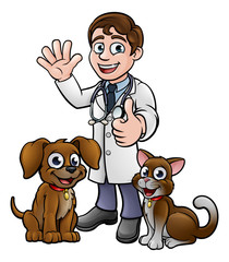 Vet with Pet Cat and Dog Cartoon Characters 