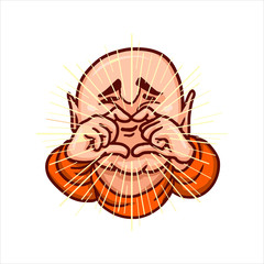 Cartoon illustration. Street art work or sticker with funny character. Lovely Buddha folded his fingers in the shape of a heart and smiles.