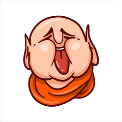 Cartoon illustration. Street art work or sticker with funny character. Fat Buddha face with stuck out tongue and tightly closed eyes.