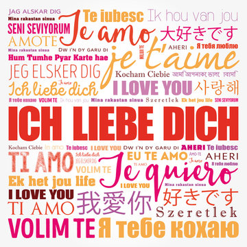 ICH LIEBE DICH (I Love You in German) in different languages of the world, word cloud background