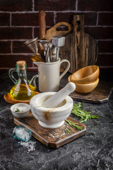 Herbs and Spices, Mortar and Pestle, Rosemary, Olive Oil and Salt