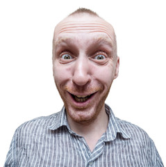 Funny portrait of an unshaven middle-aged caucasian man. Positive emotions and expressions. Smiling and surprised man. Isolated on white.
