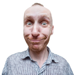 Funny portrait of an unshaven middle-aged caucasian man. Positive emotions and expressions. Smiling and surprised man. Isolated on white.