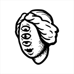 Etched illustration. Engraved sticker. Dark humor jokes. Contemporary street art work. Hand drawn sketch of a crazy girls head with a cute hair and three eyes.