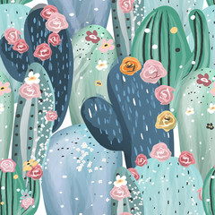 Cotton fabric Beautiful pastel vintage cactuses, succulents, cacti with pink, white and yellow flowers seamless pattern