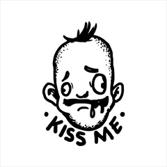 Etched vector illustration. Engraved sticker. Dark humor jokes. Contemporary street art work. Hand drawn sketch of a stupid man running out of slobber.