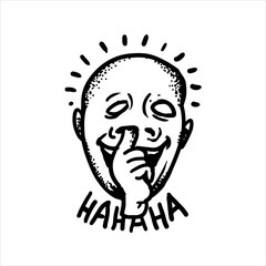 Etched illustration. Engraved sticker. Dark humor jokes. Contemporary street art work. Hand drawn sketch of a guy who stuck his finger in his nose and laughs out loud.
