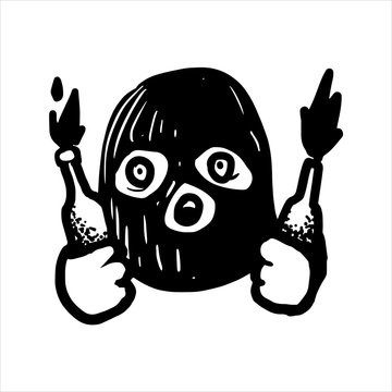 Etched vector illustration. Engraved sticker. Dark humor jokes. Contemporary street art work. Hand drawn sketch of a terrorist in a balaclava holding in hands Molotov cocktails.