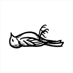 Etched illustration. Engraved sticker. Dark humor jokes. Contemporary street art work. Hand drawn sketch of dead bird.