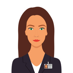 Elegant pretty woman in business suit with badge. Woman business avatar profile picture. Vector illustration, isolated.