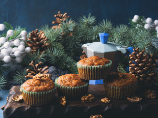 Home made Carrot spiced muffins with walnuts. Winter holiday treat