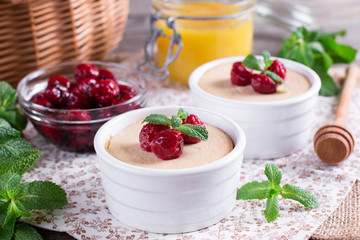 homemade dessert panna cotta with cherry and mint
