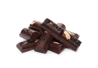 chocolate bars with blueberries, almonds and hazelnuts isolated on white background