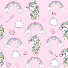Stickers pour porte Licorne fond mignon avec licorne et nuages sur fond rose