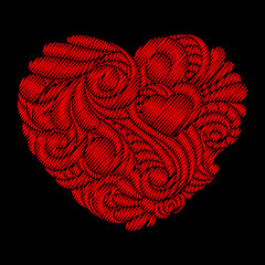 Valentine's day card. Embroidery red heart on a black background