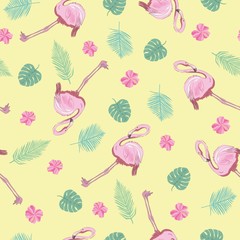 Flamingo seamless pattern on mint green background. Pink flamingo vector background design for fabric and decor.