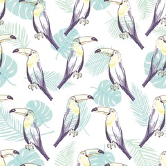 Seamless pattern with hand drawn toucan on white background