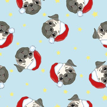 Seamless pattern with image of a Funny cartoon pugs puppies on a blue background. Vector illustration.
