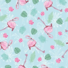 Flamingo seamless pattern on mint green background. Pink flamingo vector background design for fabric and decor.